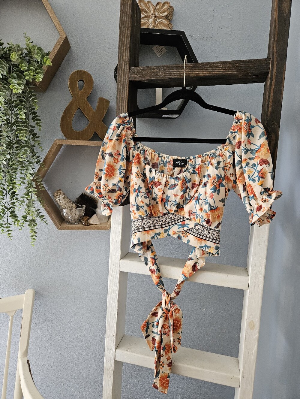 Bohemian Floral Tie-Front Crop Top - Cream/Yellow Size Medium